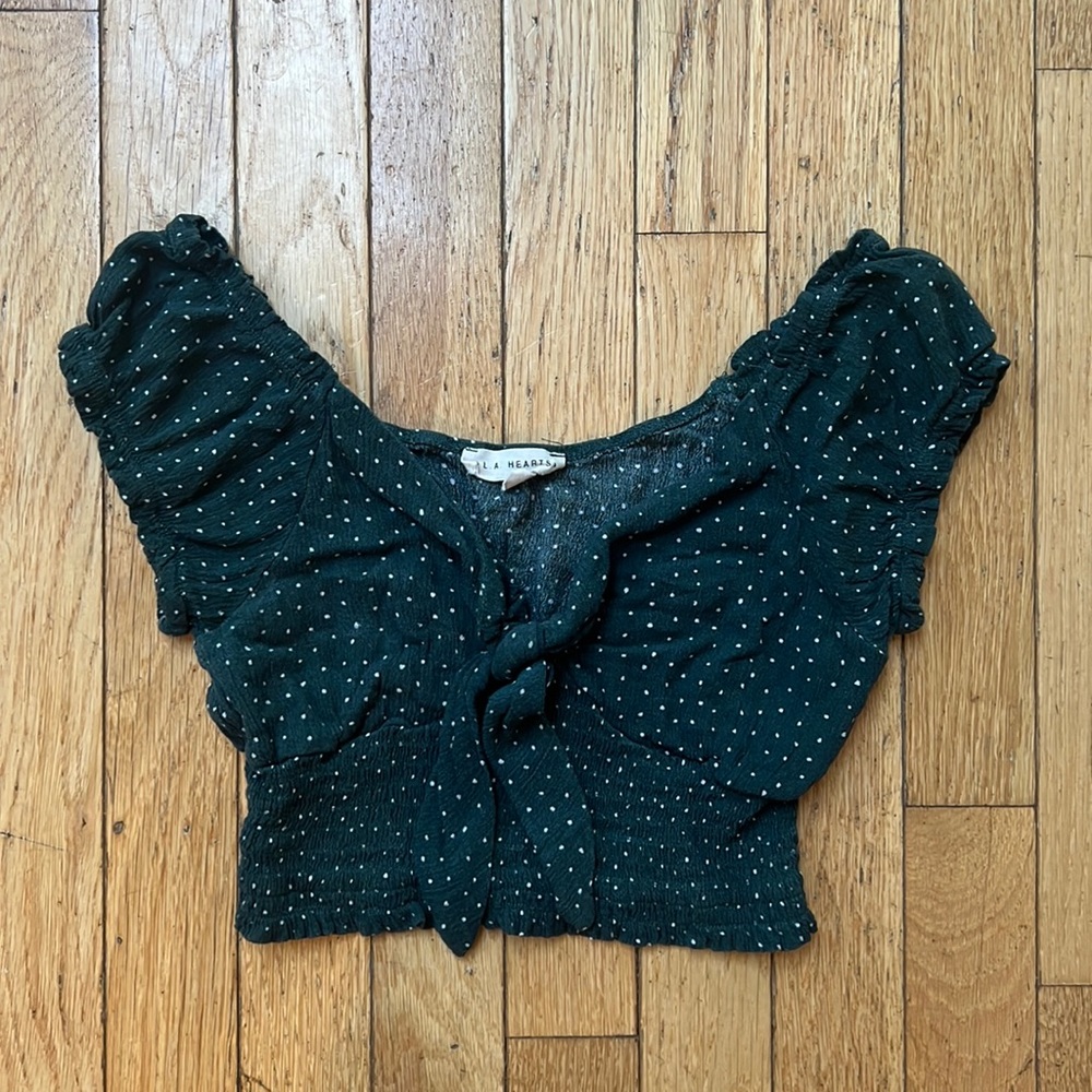 Pacsun LA Hearts Cute Green and White Polka Dots Tie Top